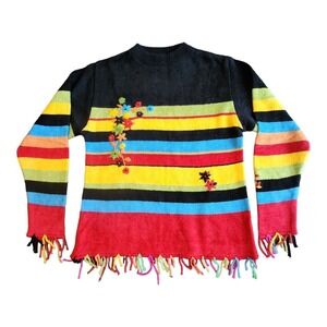 Embroidered Vintage Striped Sweater Womens Small Flowers Fringe Cottage 80s